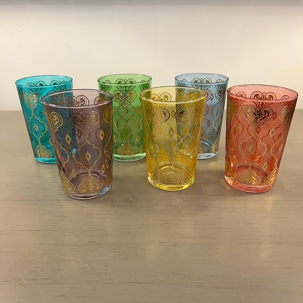 Scents & Feels Moroccan Tea Glasses Set of 6 Multicolored Gold Hand-Painted ARC